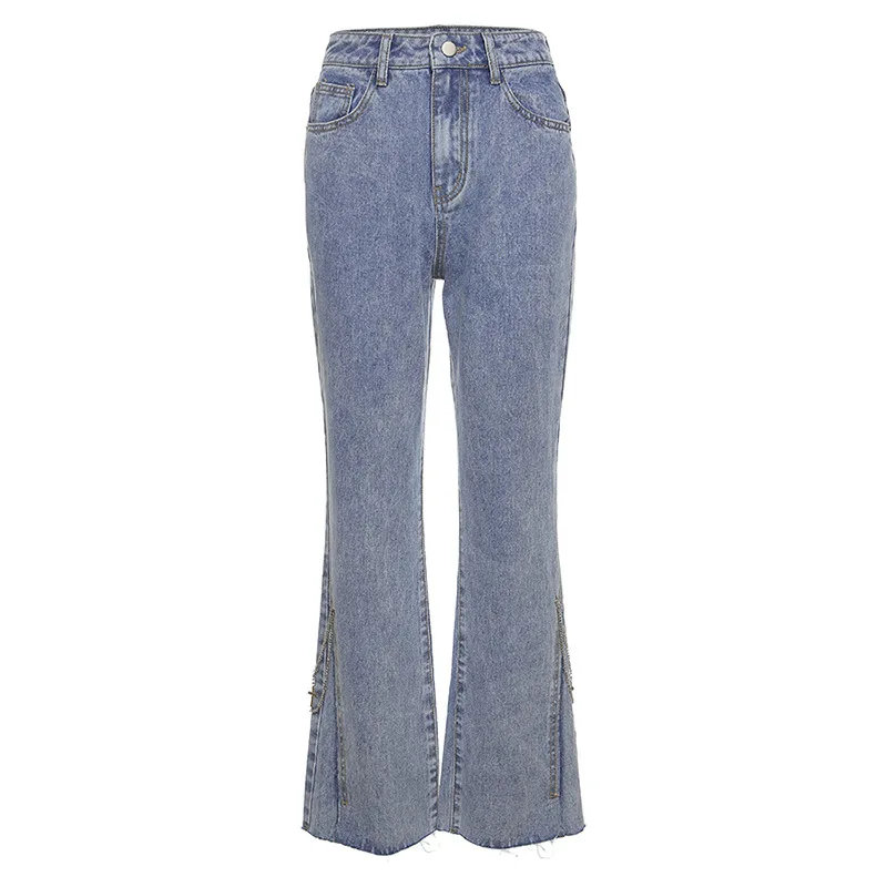 

Spring 2021 Women Bell Bottom Jeans Fashion Slim High Waist Side Chain Denim Flare Pants Female Vintage Blue Jeans Streetwear