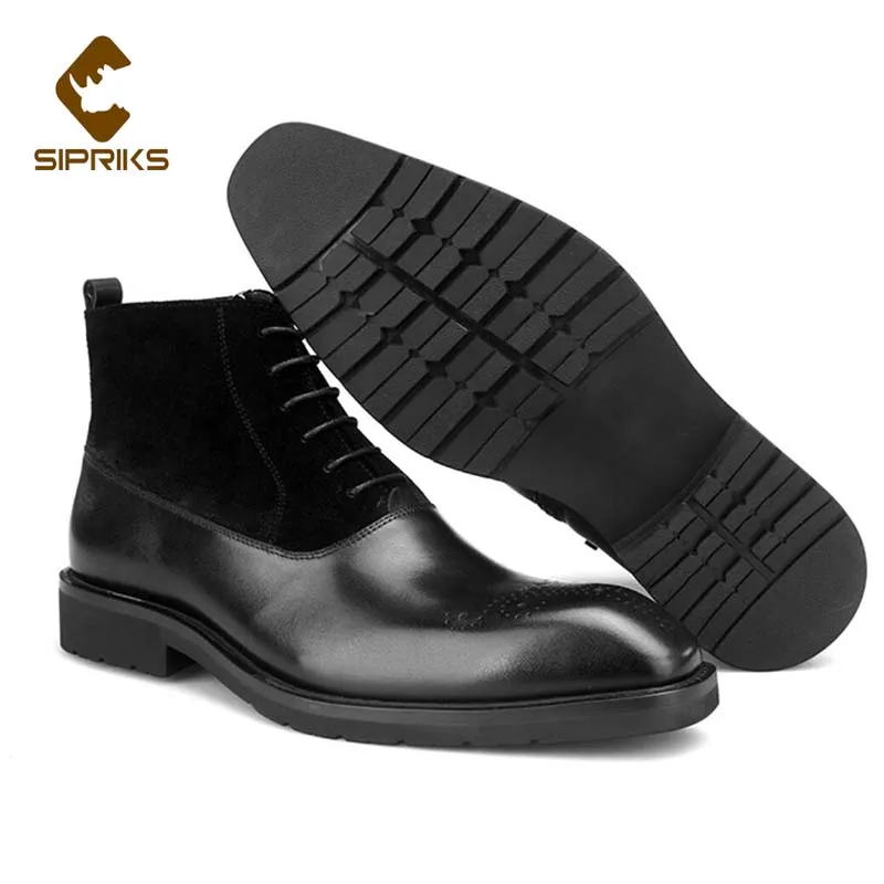 

Sipriks Top Quality Zip Boots Genuine Leather Mens Ankle Booties Lace Up Martin Shoes Elegant Black Dark Brown Cowboy Boot 44