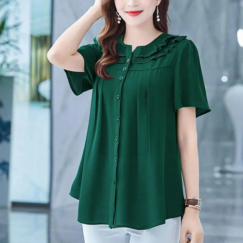 

Plus Size Chiffon Shirt Blouse Women Loose Short Sleeve Black Blouses Femme Casual Solid Streetwear Vintage Blusas Mujer Q4285