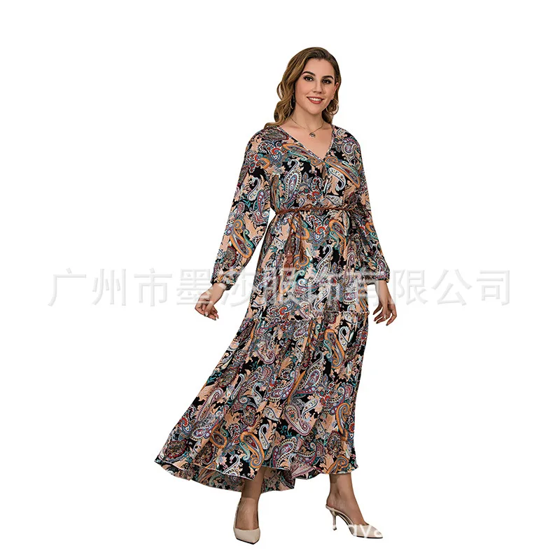 

Spring and summer new hot sale retro paisley 4XL plus size dress loose long sleeves big swing plus long dress