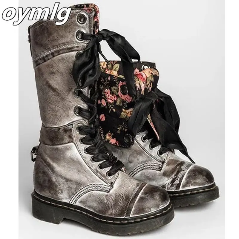 

Floral Motocycle Booties Women Boots Female PU Leather Ankle Boots Square Heel Martin Boots Autumn High-top Vintage Women Shoes