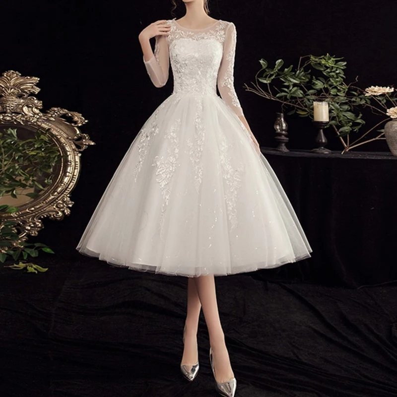 

Fashion O-Neck Lace Appliques Short Wedding Dress 3/4 Sleeve Knee Length Beads Bridal Gown Robe De Mariage