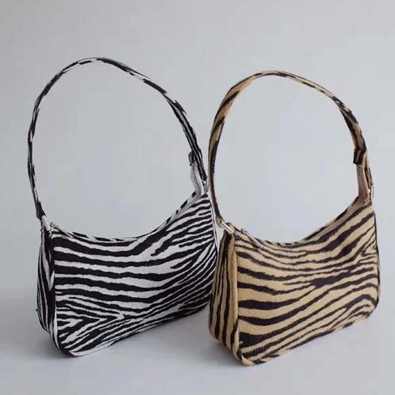 

Strip Zebra Bags Vintage Striped Shoulder Bag Female Underarm Bag Velvet Tote Bags