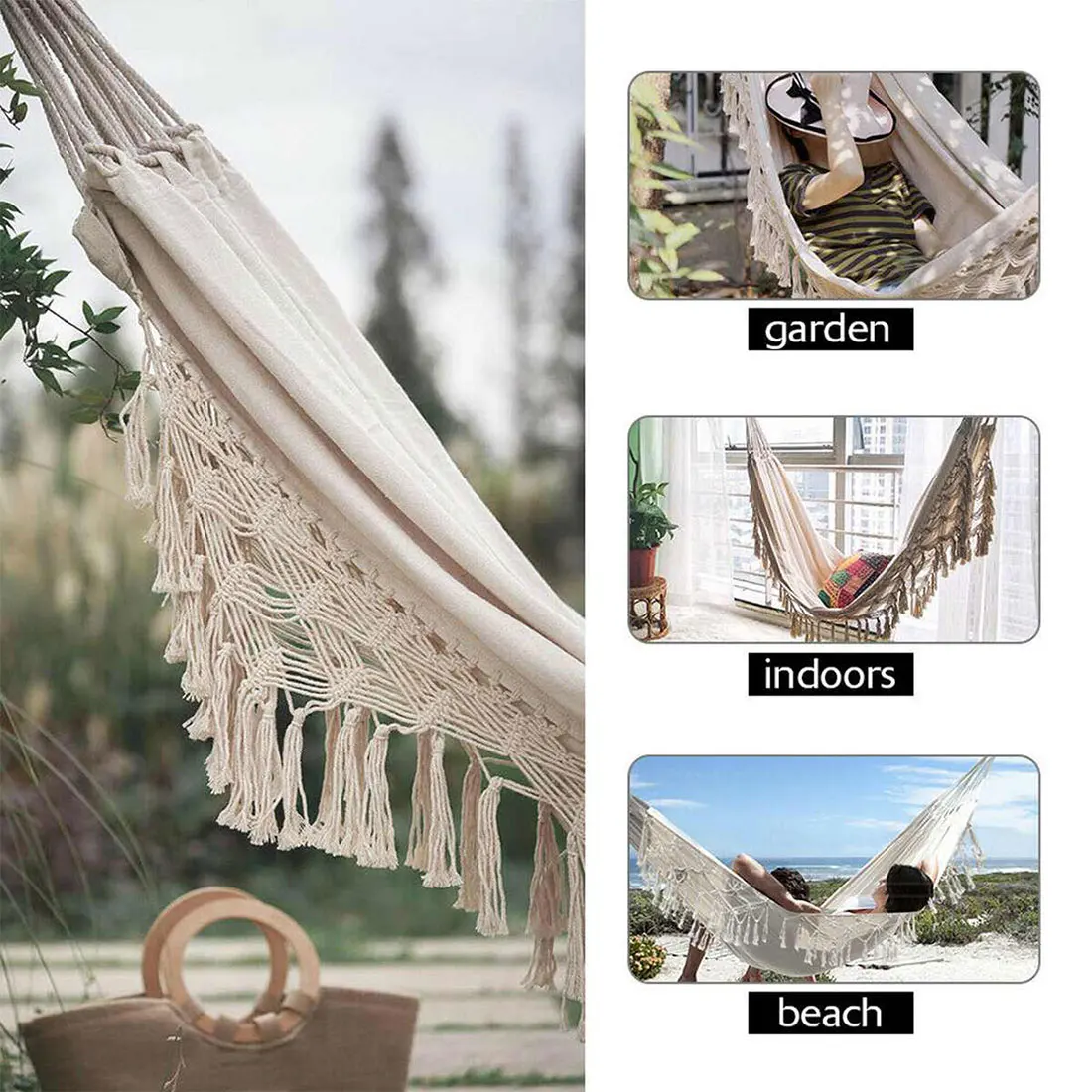 

Hammock Swings Garden Decoration Home Decor Fringe Deluxe Double Outdoor/Indoor Hammock Net Chair Indoor Hanging Swing 2 Person