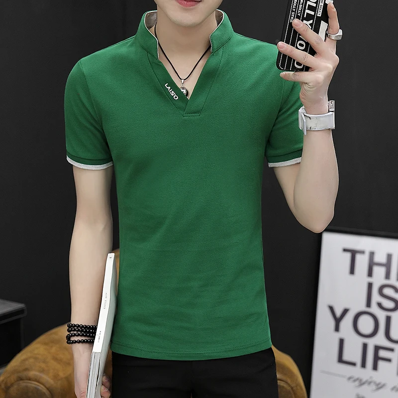 

Cotton men's short-sleeved men's shirts, the Korean version of the slim-fitting bottom, V-neck polo shirts, long-sleeved clothes