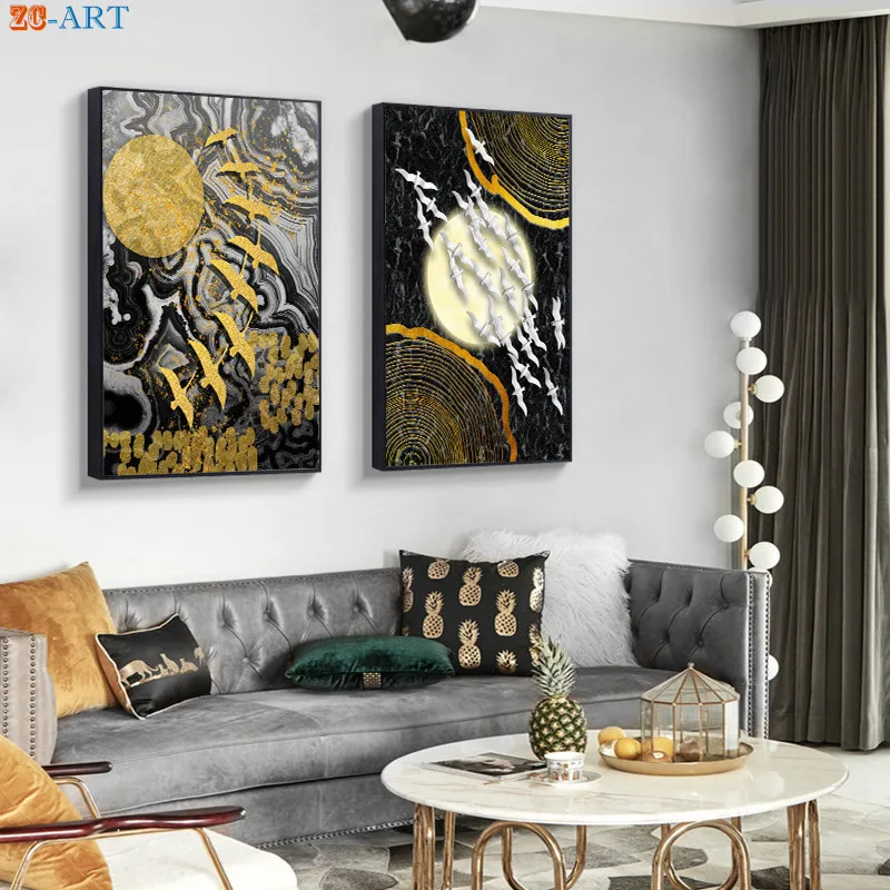 Пейзаж живопись на холсте в виде золотого и черного плакат Мрамор принт