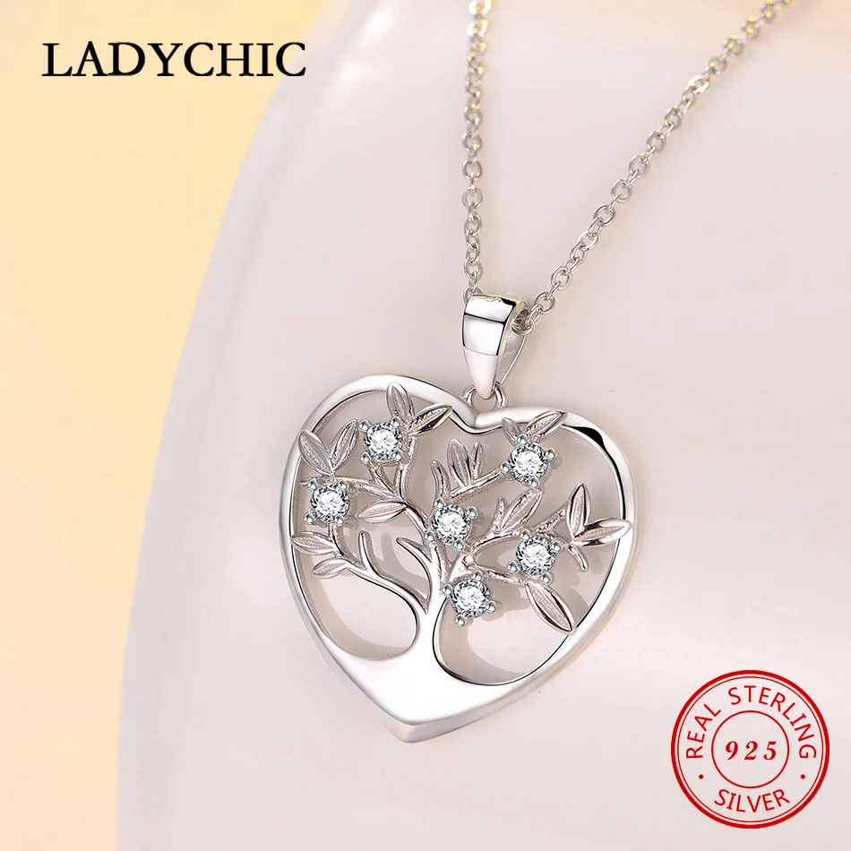 LADYCHIC, романтическое 925 пробы, серебряное дерево жизни, любовь, сердце, подвеска, ожерелья для женщин, хорошее ювелирное изделие, подарок на день Святого Валентина, LNS1048