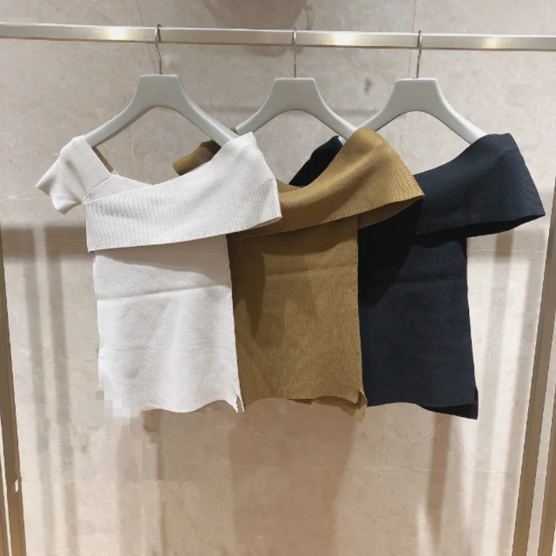 

Sexy Off Shoulder Slim Knit Tshirt for Women Irregular Collar Design Solid Pullovers 2021 Spring Fashion Simple Elegant Tops