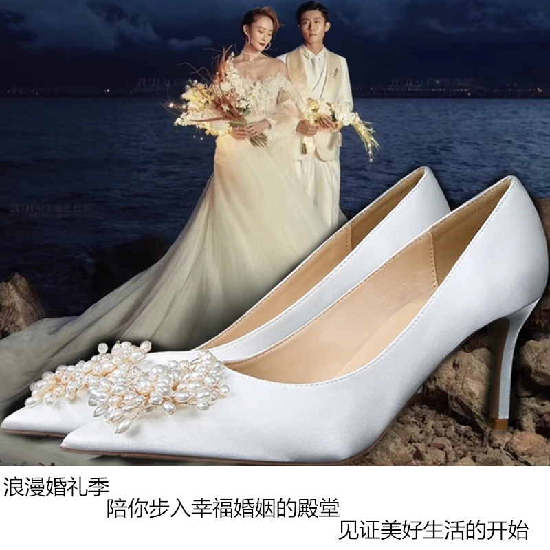 

Pearl sandals white bridesmaid high heels 2021 new single shoes spring and summer wedding shoes and sexy women's shoes