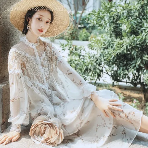 

2021 Spring New Vintage Floral Print Long Sleeve Chiffon Long Dress Temperament Super Fairy Dresses with Flowers Two-Piece Set