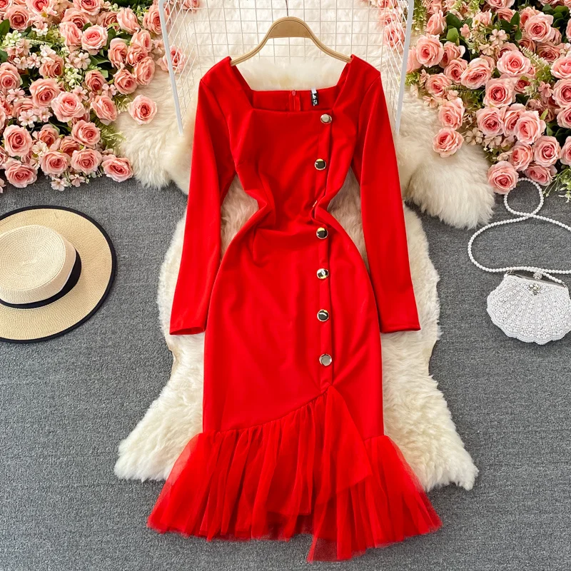 

Elegant Celebrity slim fishtail dress 2021 autumn new style square collar Ruffle Dress Fashion Dress
