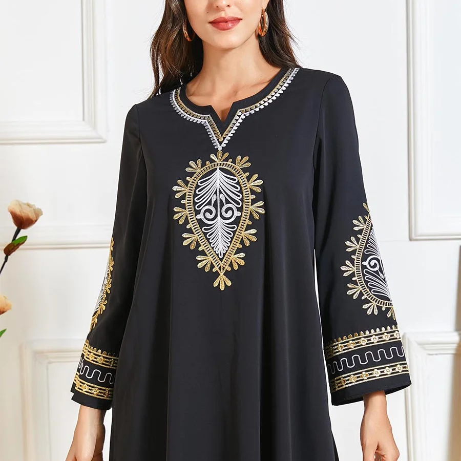 

Autumn Style Long Skirt Black Fashion City Leisure Heavy Industry Ethnic Embroidery Long Sleeve Elegant Splicing Dress