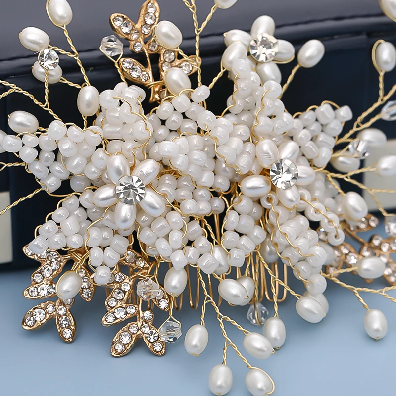 Новый цветок жемчужный кристалл свадебная тиара ручной работы золотой лист