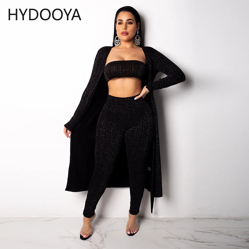 

Bling Black Ribbed Womens Outfits 3 Pieces Matching Sets Women Strapless Crop Top+sparkly Long Sleeve Cardigan+pencil Pant Suits