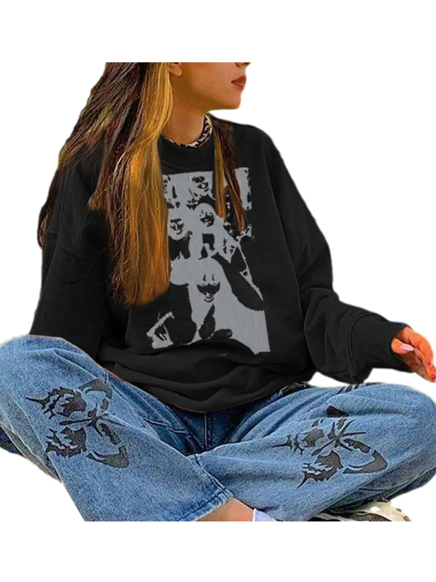 

Female Pullover Girls Portrait Print Round Neck Long Sleeve Tops for Spring Fall, Brown/Black/Orange, S/M/L