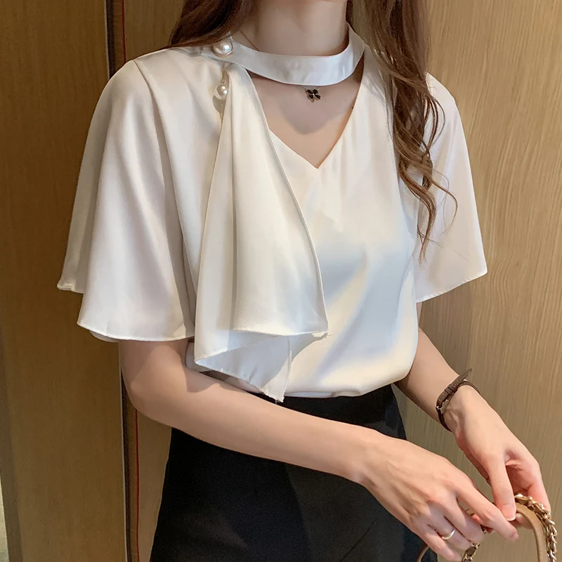 

2021 Summer Thin T Shirt Women Clothing Fashion Chic Streamer Chiffon Shirts Elegant Butterfly Sleeve V-neck OL Tops Workwear