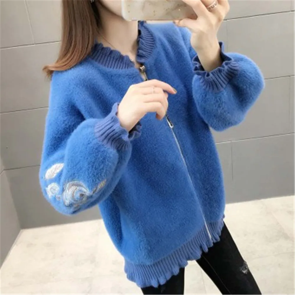 2020 Korean Faux Mink Cashmere Sweater V Neck Embroidery Long Lantern Sleeve Zipper Cardigans Autumn Winter New Fashion Coats |