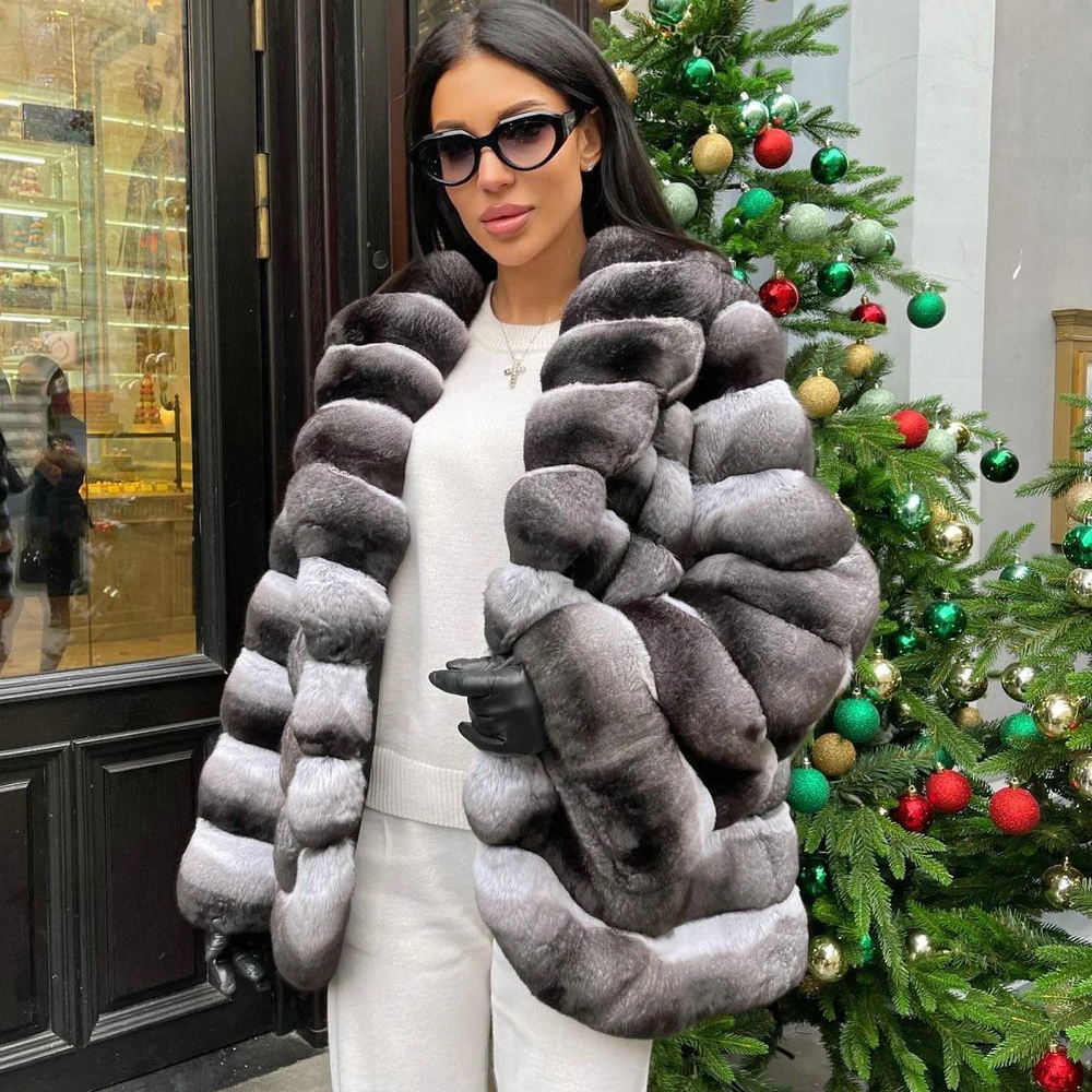 Enlarge Winter New Real Rex Rabbit Fur Jacket Turn-down Collar Thick Warm Fur Overcoats Luxury Women Genuine Rex Rabbit Fur Coats Female