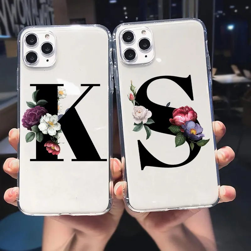 

Letters Flower Custom 26 English Name Soft Phone Case Cover For iPhone 11 13 Mini 12 Pro Max 13 Pro Max Back Cover Fundas Shell