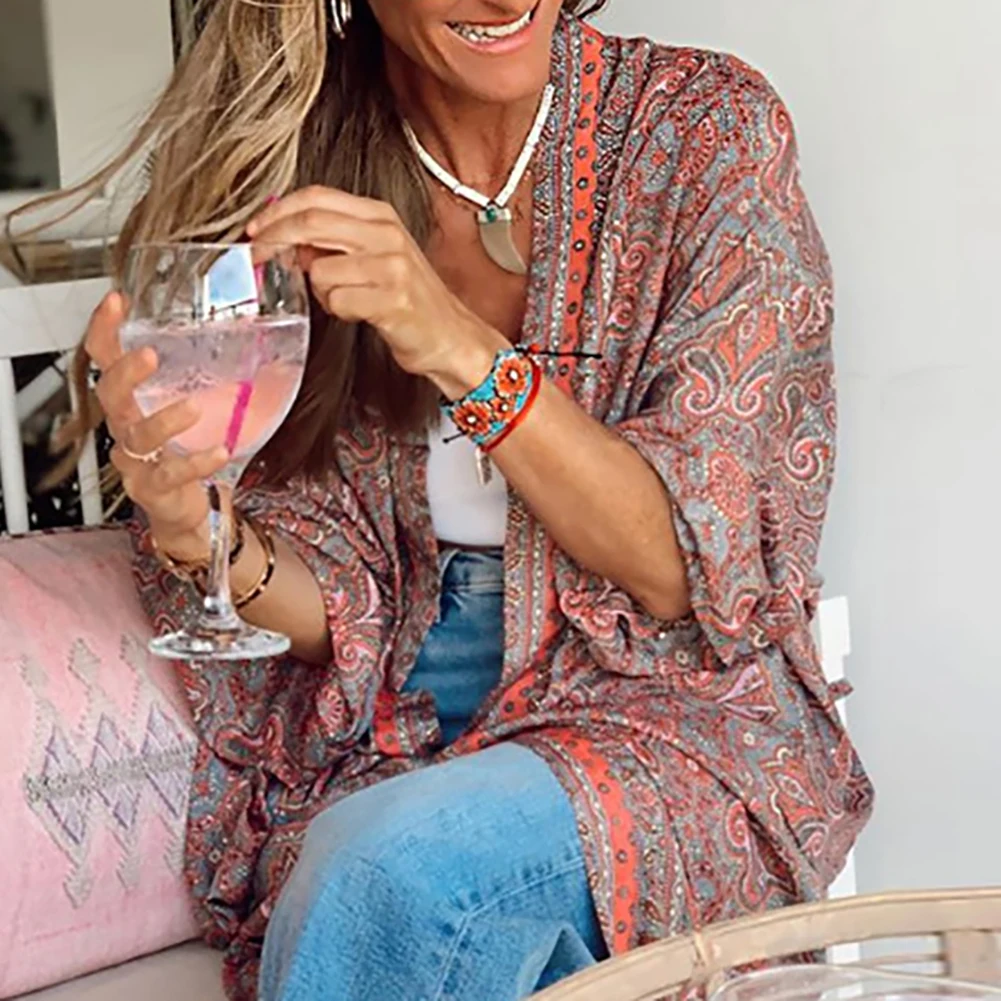 Женский длинный кардиган с цветочным принтом и рукавом 3/4 | Женская одежда