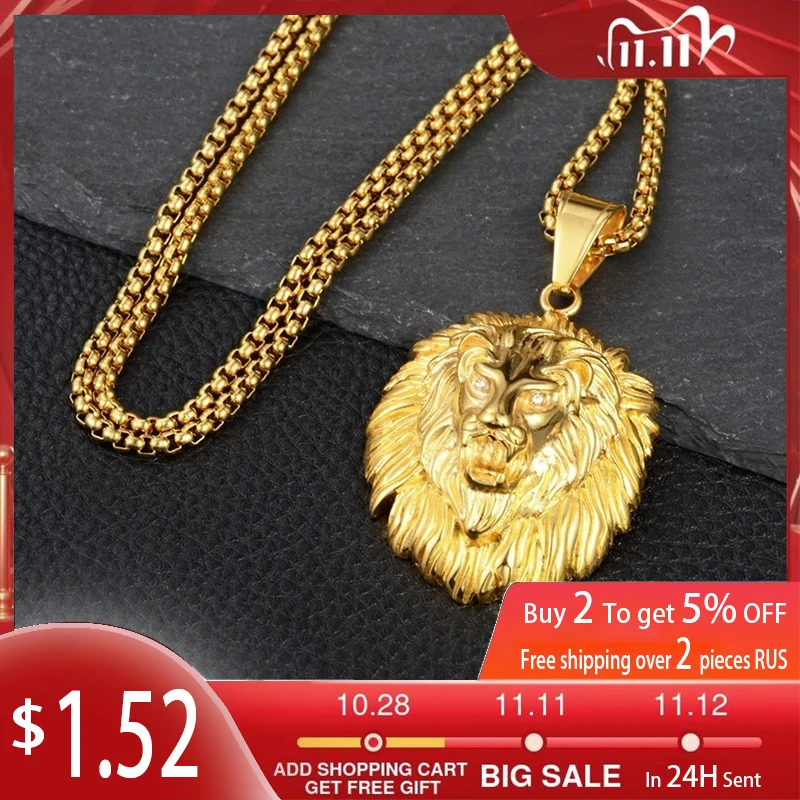 

Trendy Animal Long Hair Lion Head Shape Pendant Necklace Men's Necklace Crystal Inlaid Metal Sliding Pendant Accessories Jewelry
