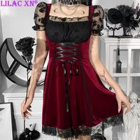 y2k red velvet bodycon mini dress aesthetic vintage hight waist lace tirm party dresses gothic black dresses urban fairy grunge