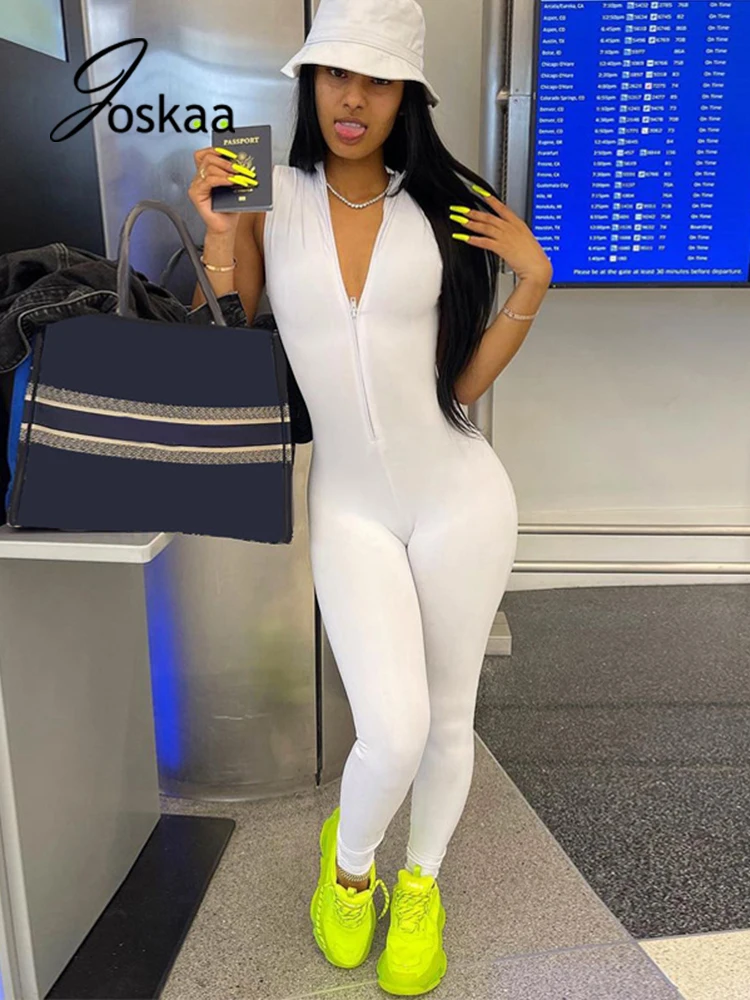 

Женские Обтягивающие Комбинезоны Joskaa, однотонные комбинезоны без рукавов на молнии, модные уличные спортивные костюмы для фитнеса, осень ...