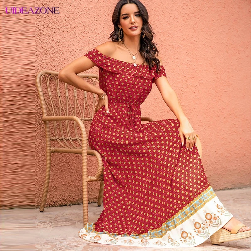 Женское платье макси в богемном стиле с оборками и вырезом лодочкой Пляжное