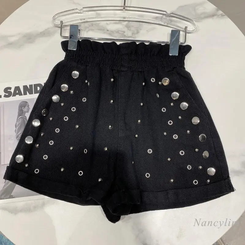 

Black Denim Shorts Womens 2021 Summer New Dot Rivet Lace Elastic Waist Loose Jeans Hot Pants Female Casual Sportpants