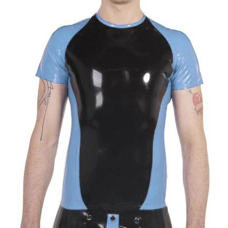 

Lake Blue And Black Trims Sexy Latex Shirt Short Sleeves Round Collar Rubber Blouses Top Clothes YF-0287