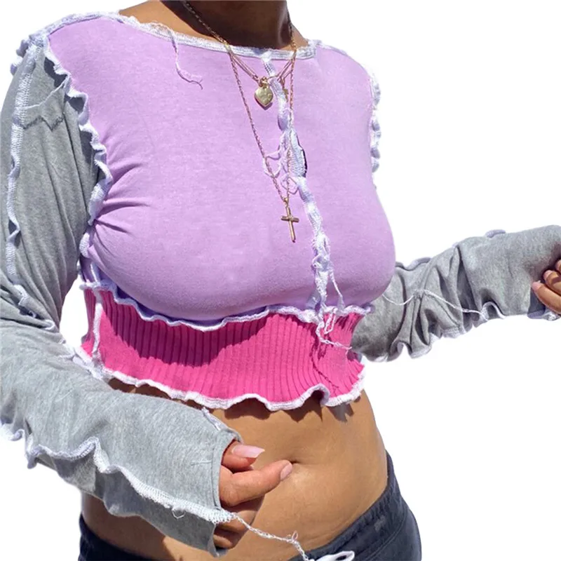 

Women Color Block T-Shirts Blouse Fall Casual Long Sleeve Round Neck Ribbed Stitching Slim Fit Short Tops Tees