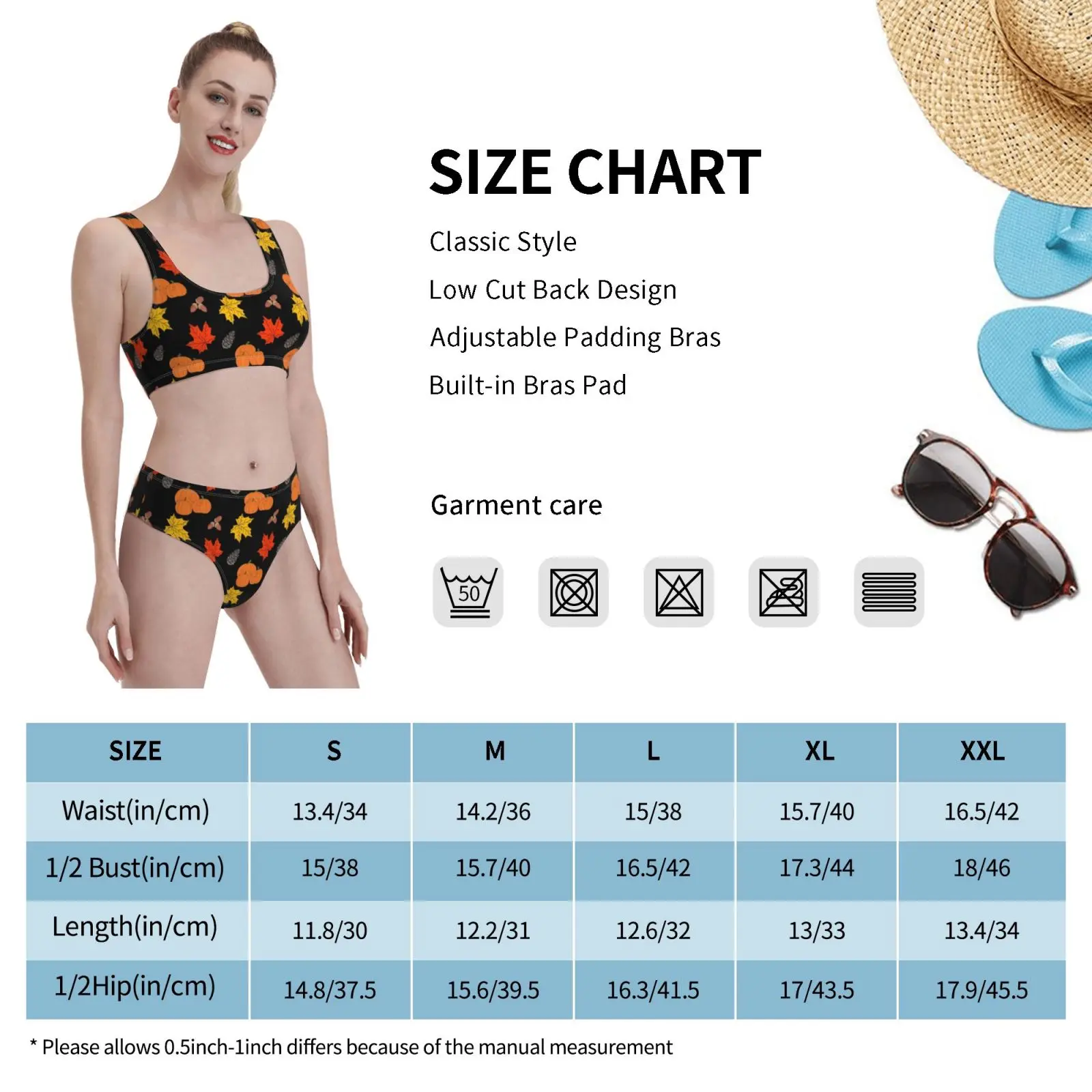 

Pumpkins Leaves Acorns Pine Cones Fall Illustration Pattern Swimsuit one piece Bikini Padded Pumpkins Pattern Autumn