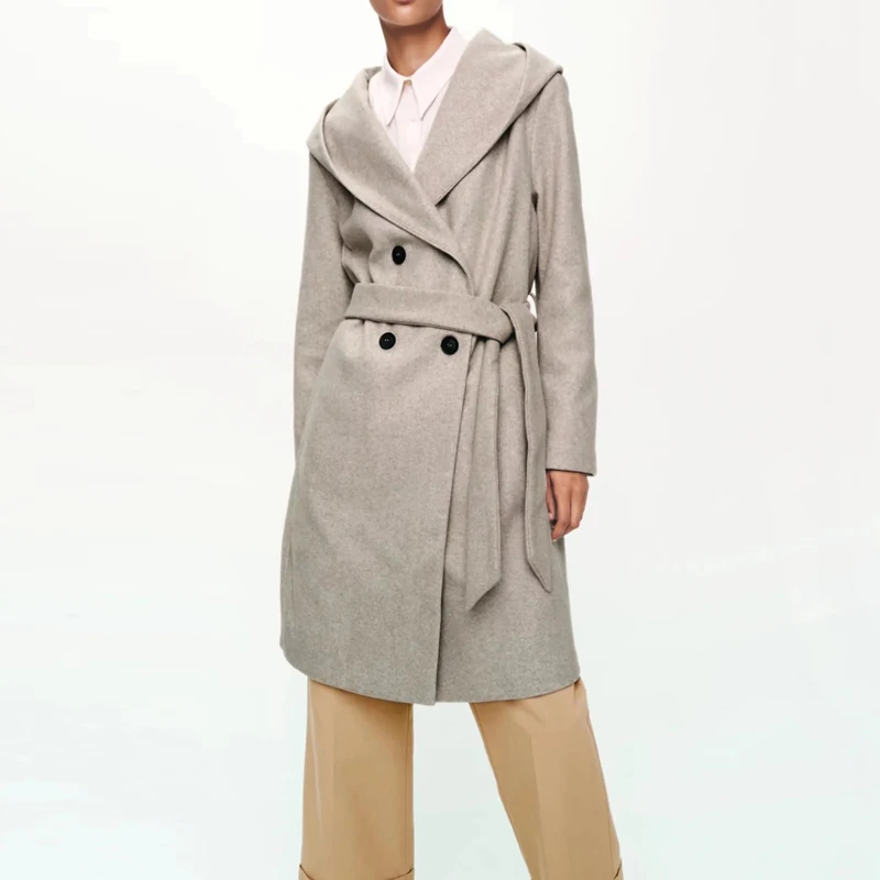 

KUMSVAG Women Autumn Winter Solid Wool Blends Coats Overcoat 2021 ZA Sashes Double Breasted Female Elegant Outerwear Clothing