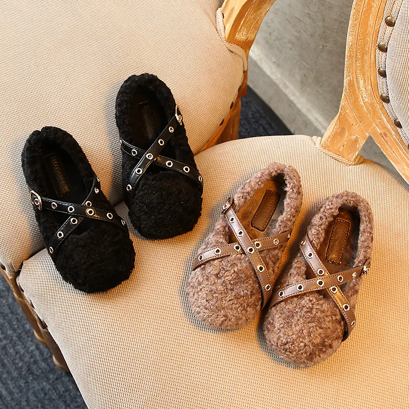 Зимние Повседневные хлопковые ботинки с мехом для девочек принцессы мягкой