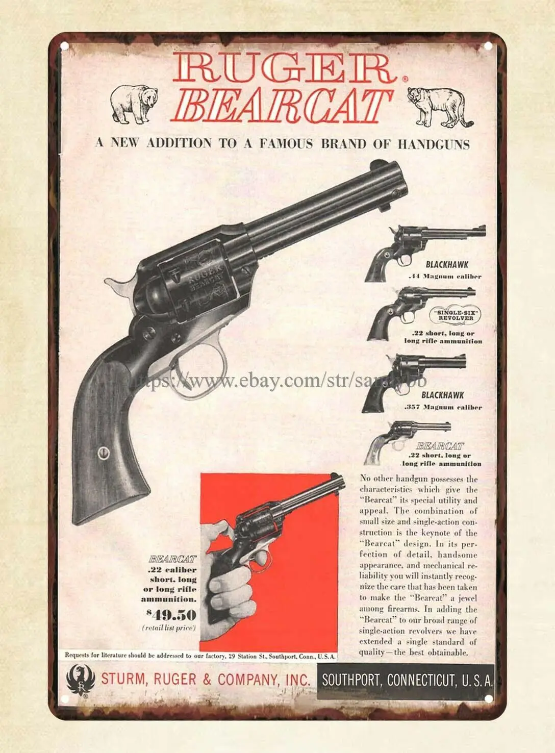 

in this home wall art 1958 RUGER Bearcat Revolver Gun firearm tin sign