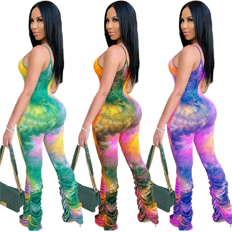 

Women Colorful Tie-Dyeing Rompers Jumpsuit Spaghetti Strap Sleeveless Low Cut One Piece Outfit Summer V-Neck Backless Bodysuits