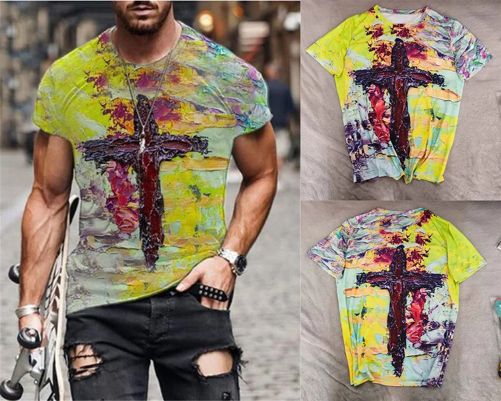 

Men's printed color cross pattern 3DT shirt clothing 2021 new T-shirt summer casual sports trend hip-hop short sleeve
