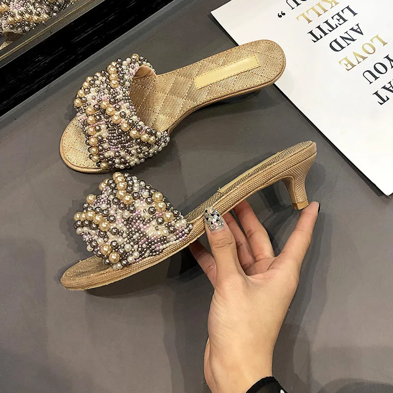 Модный жемчужный бисер с украшением женские комнатные тапочки дизайнерские