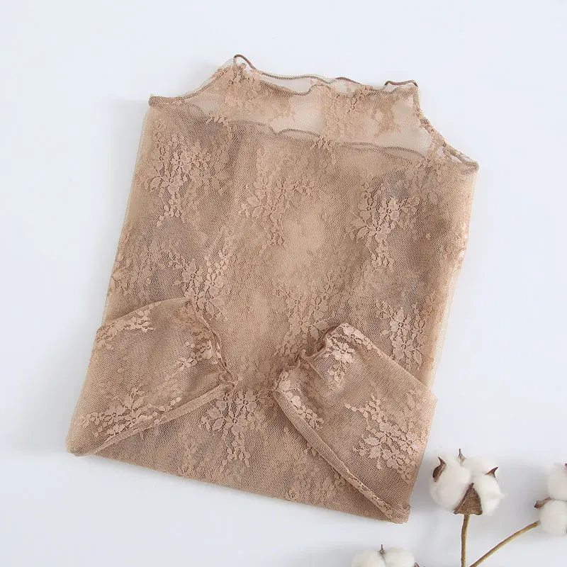 

Sexy Hollow Lace Top Transparent T Shirt See-through Women Long-sleeved Stand-up Collar Mesh Bottoming Shirt Streetwear Summer