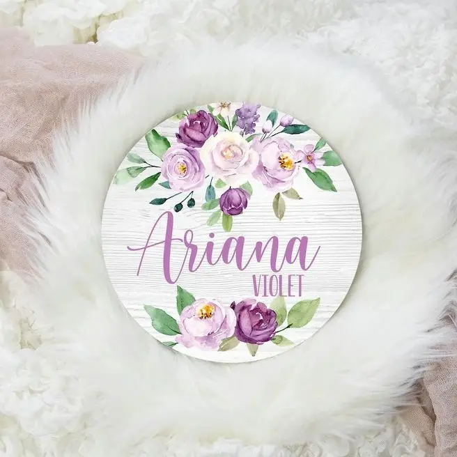 

Purple Floral Baby Girl Round Wood Baby Name Sign Wooden Personalized Baby Name Newborn Announcement Custom Nursery Sign Decor