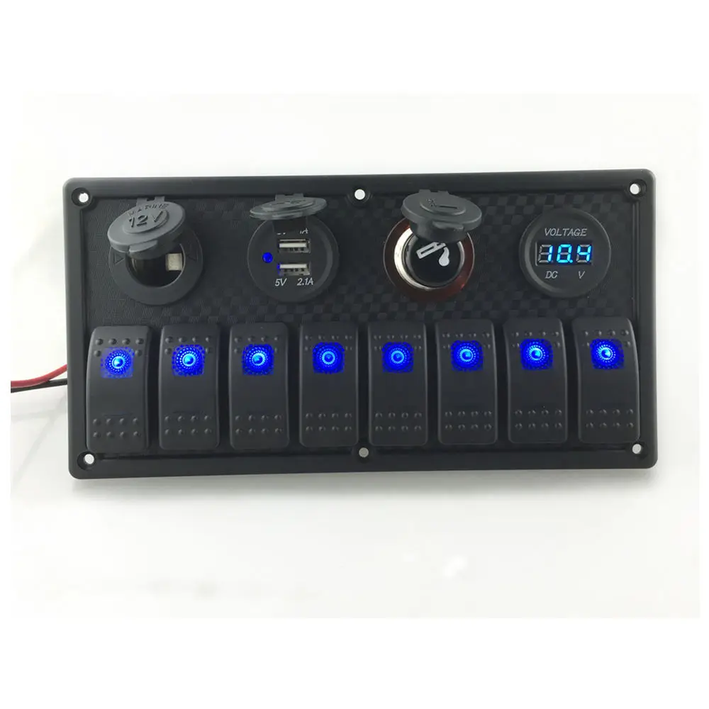

12V-24V Waterproof 8 Gang Marine Rocker Switch Panel USB Port Voltmeter Cigarette Lighter Socket Heavy Duty ABS