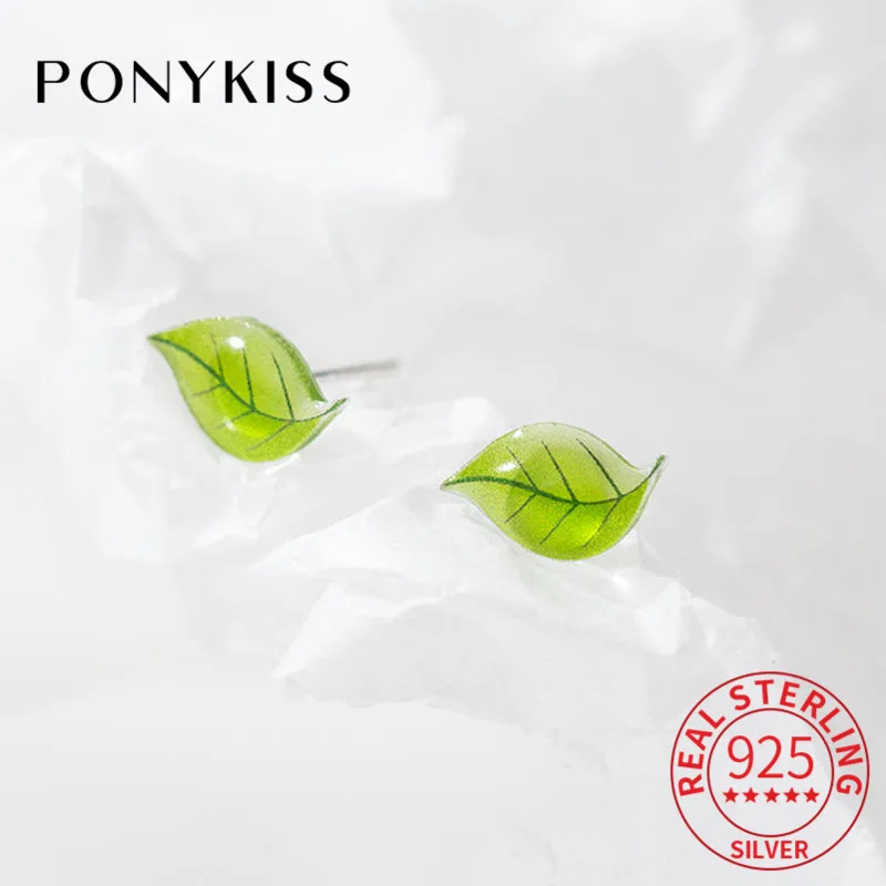 

PONYKISS Real 925 Sterling Silver Green Leaf Resin Stud Earrings Summer Romantic Lovely Earrings Girl Delicate Accessory Gift