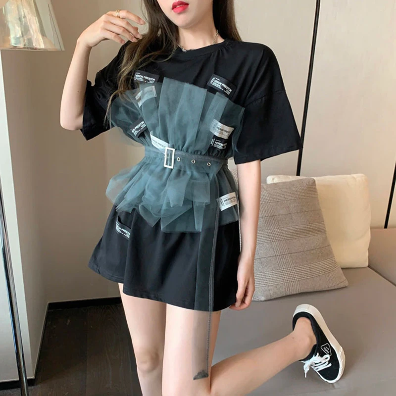 

2021 Black Women T Shirt Patchwork Color Matching White T Shirt Women Plus Size Casual Loose Summer T-shirt Women Clothes