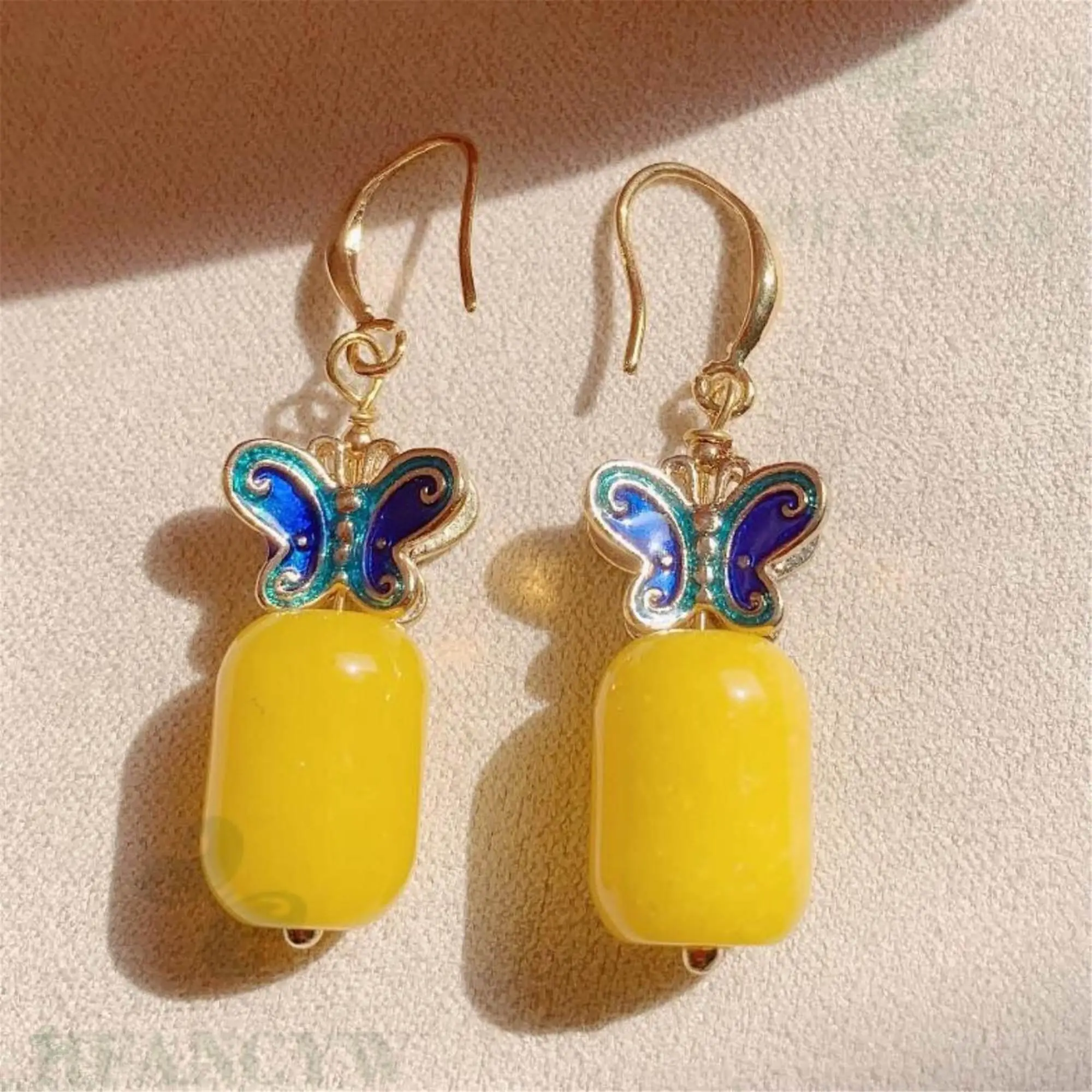 Желтые серьги из халцедона крючок с бабочкой женские аксессуары Earbob вечерние