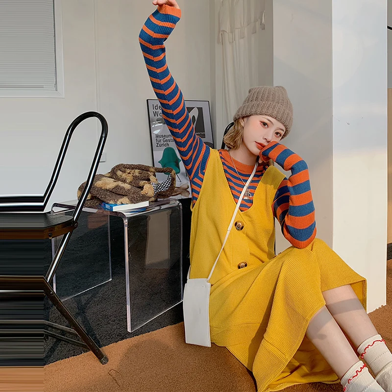 

Женский вельветовый костюм Ghost girl, корейский стиль, жилет с V-образным вырезом и юбка в полоску, комплект из 2 предметов, Осень-зима