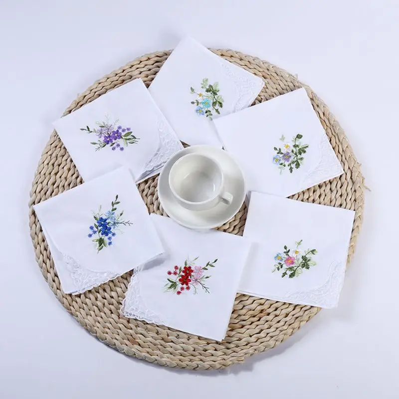 

5Pcs/Set 11x11 Inch Womens Cotton Square Handkerchiefs Floral Embroidered with Butterfly Lace Corner Pastoral Style Pocket .