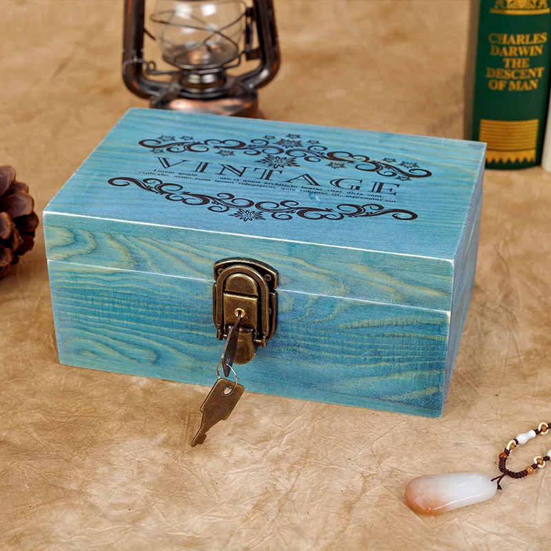 

Hot Sale Retro with Lock Storage Wooden Box Desktop Storage Box Finishing Wooden Box Making Old Solid Wood Stationery Supplies