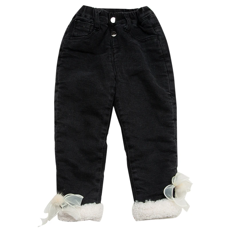 

WLG Girls Jean Kids Clothes Winter Velvet Thick Bow Denim Blue Black Jeans Baby Girl Warm Fashion Bottoms for 1-6 Years