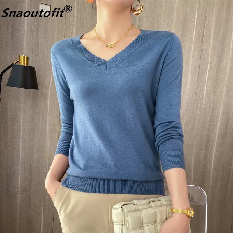 

В западном стиле, с V-образным вырезом, женский свитер, весна 2021, свободный, для взрослых, элегантная, шерстяная нижняя рубашка, однотонный, пу...