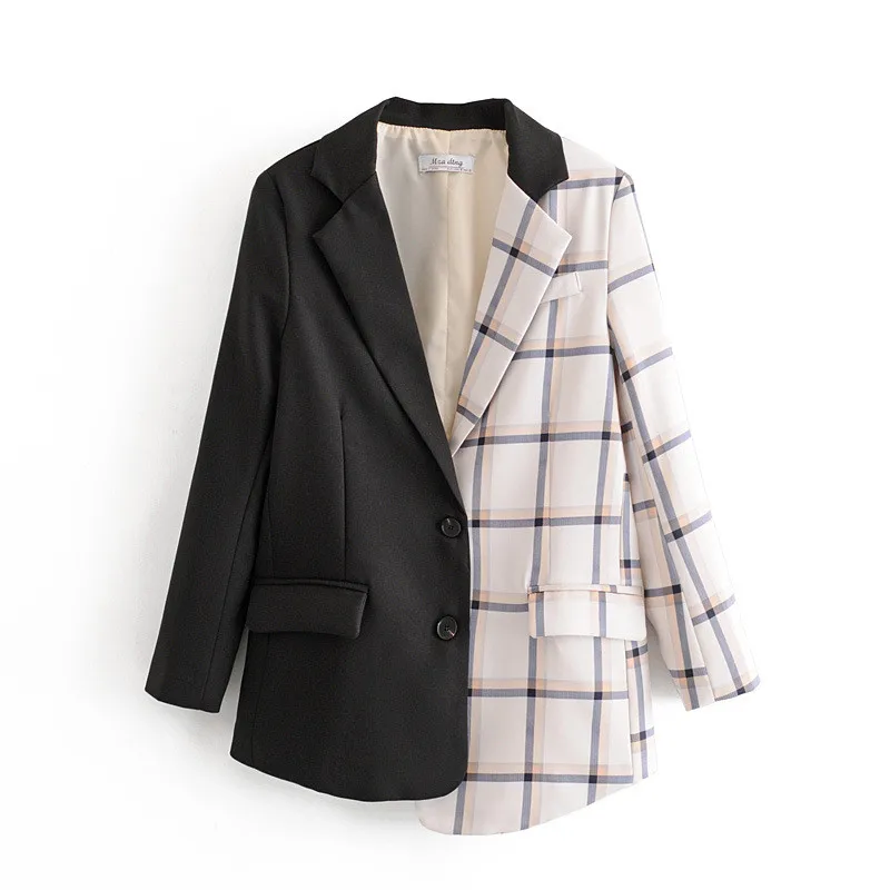 

Lattice Patchwork Blazer Women 2021 Summer Vintage Fashion Chic Single Breasted Long Sleeves Irregular Suit Jacket Female LR1529